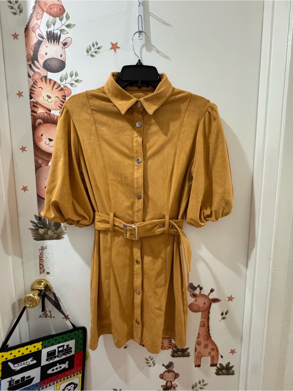 Bershka Mustard Puff-Sleeve Belted Mini Dress